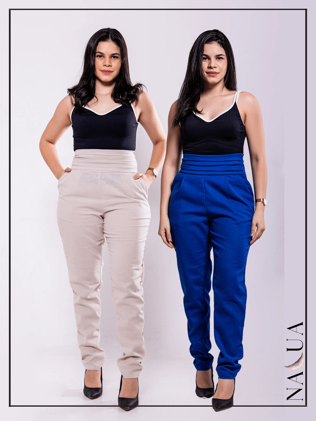 KIT 2 Women's Tailored Trousers, In Linen, With Draped Waistband And Side Cuffs, With Front Pocket - Màu be - Xem 1