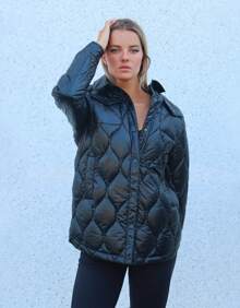 Chaqueta casual de fino algodón con estampado de rombos y cuello camisero, estilo workwear. - Negro - Ver 3
