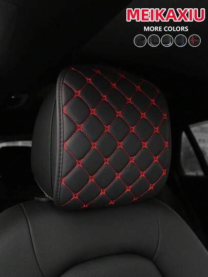 MEIKAXIU 2pcs Embroidery Faux Leather Car Seat Headrest Covers, Removable & Washable Car Interior Accessories For Seat And Headrest