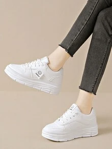 女士厚底拼布装饰休闲跑步运动鞋，学生风格，适合所有季节 - 白色 - 查看 4