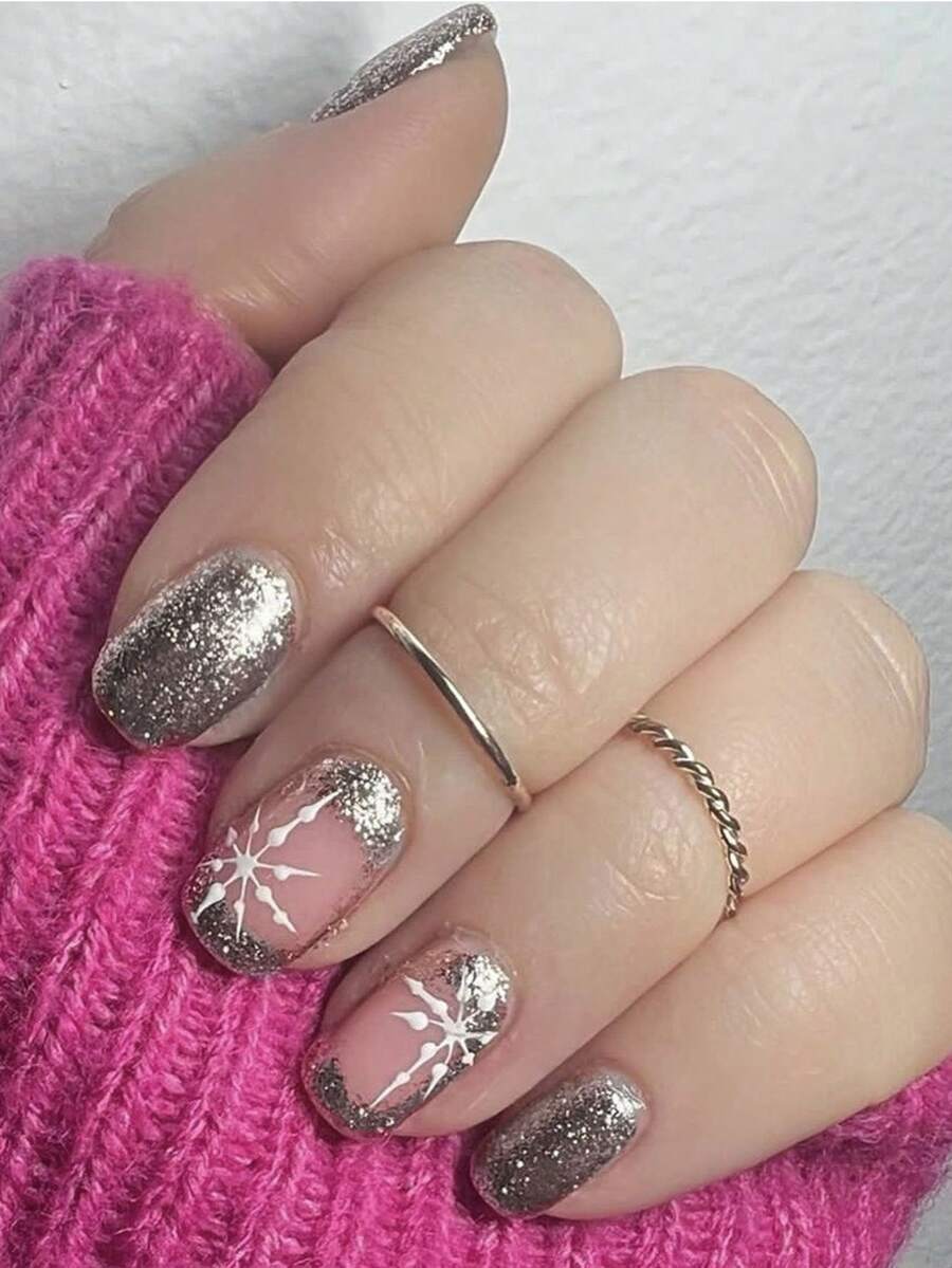 24 件/套短款法式闪亮圣诞雪花亮片全覆盖按压式指甲，含 1 件果冻凝胶和 1 件指甲锉，非常适合女士和女孩参加派对、约会、婚礼 - 彩色 - 查看 1