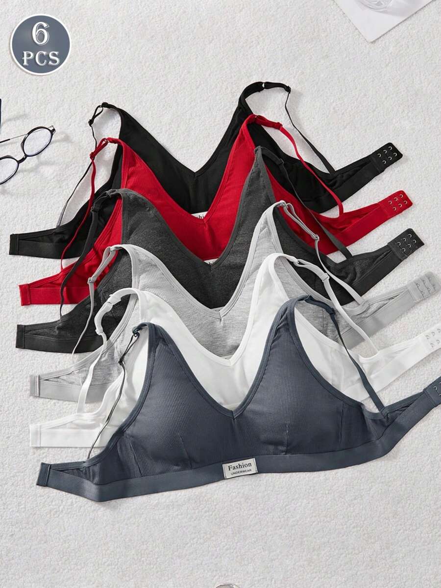 6pcs Women Multi-Color Comfortable Simple Wireless Soft Cup Ribbed Bra Set - Multicolor - View 1