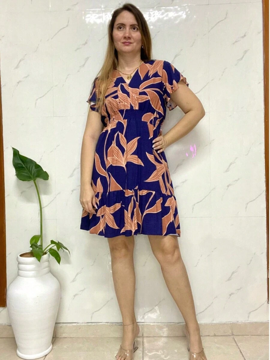 Printed Sleeve Dress - Màu xanh lam - Xem 1