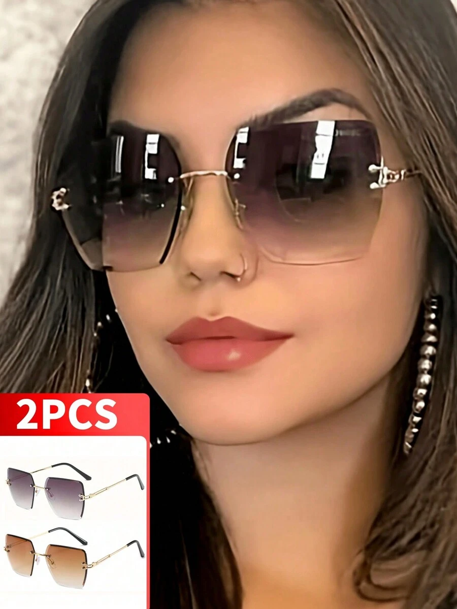 2 chiếc kính thời trang bằng thép không gỉ thanh lịch, dành cho mọi mùa, trang phục cơ bản hợp thời trang thu đông cho phụ nữ, quần áo công sở, quà tặng giản dị - Màu xám gradient + màu nâu gradient - Xem 1