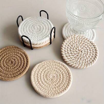 4pcs Thickened Round Septa Coasters Set - Heat Insulation, Cotton Rope Decorative, Cup Holders, Washable, And Durable - Perfect For Kitchen, Living Room, And Office Decor