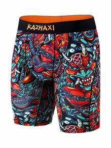 Calzoncillos tipo bóxer largos para hombre de Halloween, de ajuste elástico y delgado, con estampado digital de feroz guerrero calavera, libres de rozaduras, para deportes al aire libre y uso casual, de secado rápido