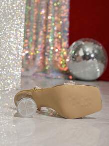 Women's Pearl & Bow Crystal Decor Open Toe Transparent High Heel Sandals, Stylish Spring/Summer
