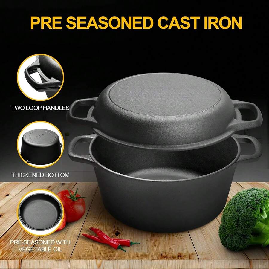 2In1 PreSeasoned Cast Iron Dutch Oven Pot With Skillet Lid Cooking