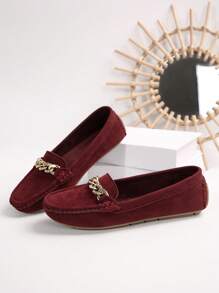 Giày lười đế bằng thời trang thoải mái, thoáng khí, mũi tròn, đế mềm, nhẹ, dễ xỏ vào, kiểu dáng tối giản, dây xích kim loại trang trí cho nữ - Màu Đỏ Sâu - Xem 3