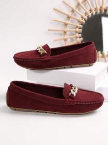 Giày lười đế bằng thời trang thoải mái, thoáng khí, mũi tròn, đế mềm, nhẹ, dễ xỏ vào, kiểu dáng tối giản, dây xích kim loại trang trí cho nữ - Màu Đỏ Sâu - Xem 2