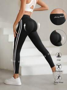Summer Workout 1pc Fashionable Printed Side Stripe Women Sports Yoga Leggings, High Elastic Fitness Workout Pants, Women Athletic Bottoms - Black - View 2