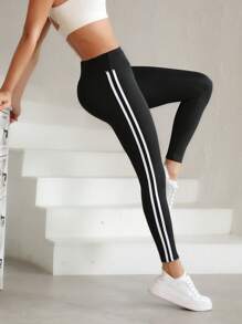Summer Workout 1pc Fashionable Printed Side Stripe Women Sports Yoga Leggings, High Elastic Fitness Workout Pants, Women Athletic Bottoms - Black - View 5