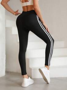 Summer Workout 1pc Fashionable Printed Side Stripe Women Sports Yoga Leggings, High Elastic Fitness Workout Pants, Women Athletic Bottoms - Black - View 7