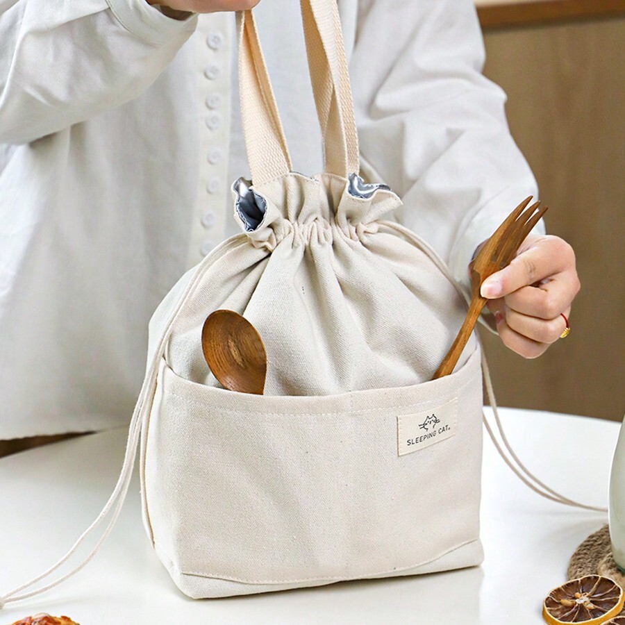 Japanese Style Canvas Lunch Bag, With Drawstring Closure And Carry