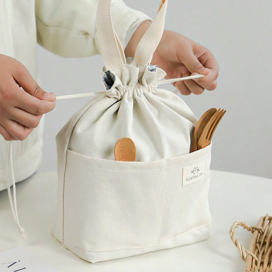Japanese Style Canvas Lunch Bag, With Drawstring Closure And Carry