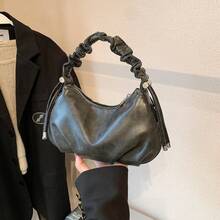 时尚、百搭纯色复古风格度假旅行购物手提包，可手提或肩背，简约休闲，大容量，适合女性 - 黑色 - 查看 3