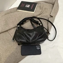 时尚、百搭纯色复古风格度假旅行购物手提包，可手提或肩背，简约休闲，大容量，适合女性 - 黑色 - 查看 5