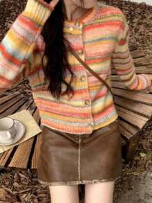 EAVA 女士秋冬系列彩色条纹、法式复古风、青春活力、慵懒时尚撞色可爱针织开衫外套，情人节、女士情人节穿搭、情人节休闲服饰 - 彩色 - 查看 4