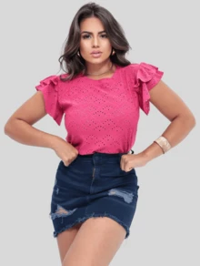 Women's Fashion Double Ruffle Sleeve Detailed Blouse - Màu Hồng Tươi - Xem 1