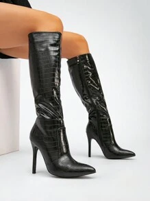 Go With Fall Clothes,Women's Pointed Toe Slim High Heel Animal Pattern Black Boots, Classic Knee-High Boots For Autumn And Winter,Stiletto Heels - Black - View 3