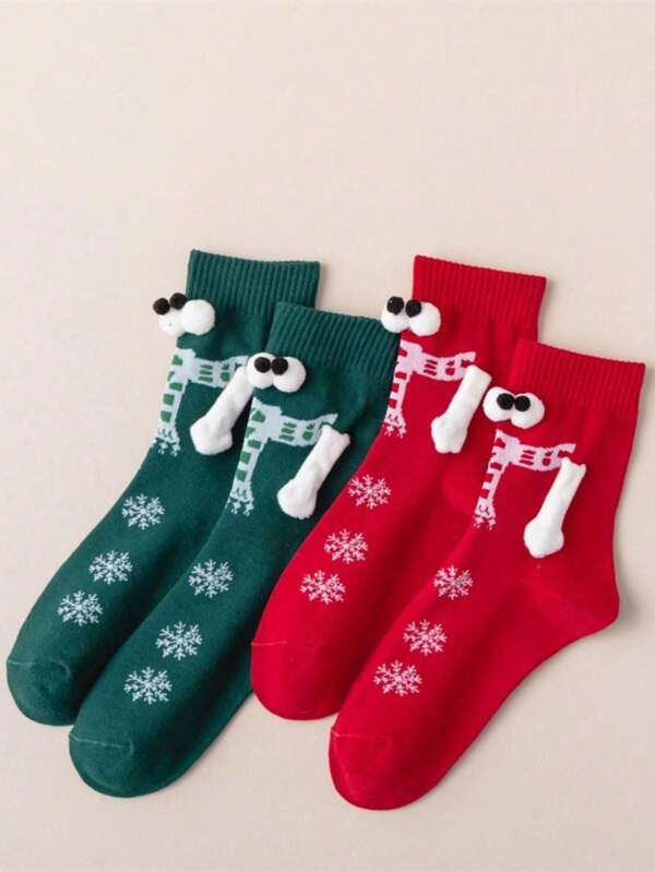 2pairs Christmas Red & Green Snowflake Soft Plush Magnetic Eyes Holding Hands Mid-Calf Socks, Unisex Couples/Best Friends