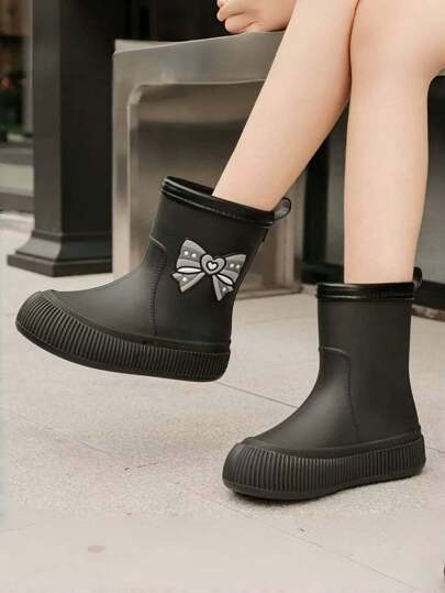 Lugualt 儿童/成人女士可爱蝴蝶结防水保暖内衬中筒雨靴韩版款适合学生