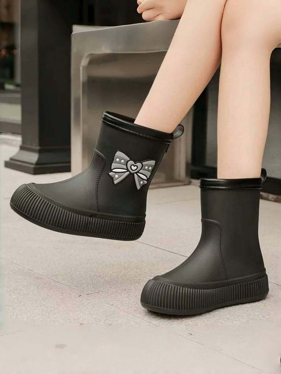 Lugualt 儿童/成人女士可爱蝴蝶结防水保暖内衬中筒雨靴韩版款适合学生
