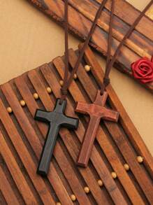 1pc Vintage Wooden Cross Necklace For Men & Women, Suitable For Daily Wear, Parties, Easter, Halloween - Wooden Cross - View 1