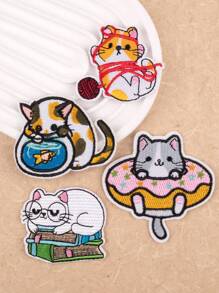 4pcs/set Cat Embroidered Iron-on Patch, Cartoon Cute Polyester DIY Clothing Accessories For DIY - Apricot - View 5