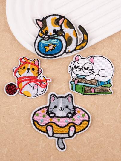 4 Stücke/Set Katze Gestickte Aufbügeln Patch, Cartoon Nette Polyester DIY Kleidung Zubehör für DIY