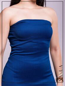 KIT 2 Long Strapless Sheath Dresses In Ribbed Fabric With Slit From P To GG With Padding And Elastic At The Back - Xanh đậm - Xem 5