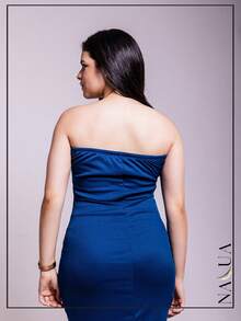 KIT 2 Long Strapless Sheath Dresses In Ribbed Fabric With Slit From P To GG With Padding And Elastic At The Back - Xanh đậm - Xem 6