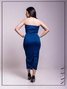 KIT 2 Long Strapless Sheath Dresses In Ribbed Fabric With Slit From P To GG With Padding And Elastic At The Back - Xanh đậm - Xem 7