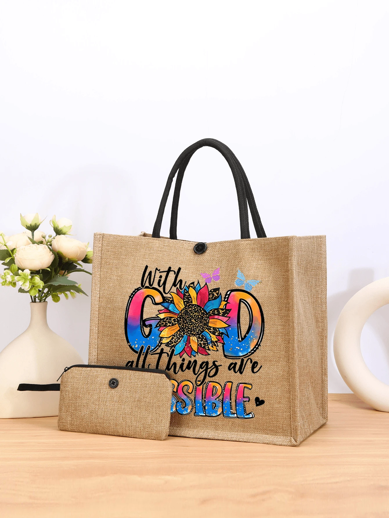 Bộ 2 túi vải bố dung tích lớn, túi đeo vai in chữ, túi xách thường ngày cho nữ, túi mua sắm & túi quà tặng, bộ túi vải bố, túi đeo vai in chữ, túi mua sắm dung tích lớn có ví đựng tiền xu, quà tặng hàng ngày - Màu Khaki - Xem 1
