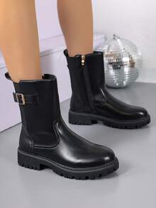 女士黑色金属扣装饰侧拉链切尔西靴，欧美时尚短靴 - 黑色 - 查看 5