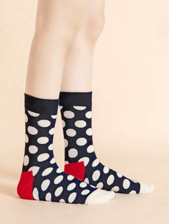 秋季波尔卡圆点图案拼色中筒袜