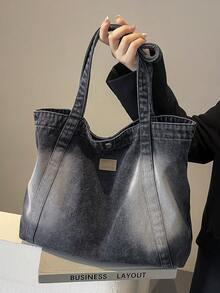 Túi Tote Denim Màu Tương Phản Cổ Điển Cho Nữ, Túi Đeo Hông Du Lịch Ngoài Trời Dung Tích Lớn Thời Trang, Túi Đeo Vai Đi Làm Hàng Ngày Thường Ngày Mới Cho Công Việc Văn Phòng, Túi Xách Tay Đi Mua Sắm Đường Phố Nhẹ Đa Năng - màu đen - Xem 3