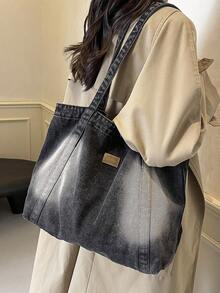 Túi Tote Denim Màu Tương Phản Cổ Điển Cho Nữ, Túi Đeo Hông Du Lịch Ngoài Trời Dung Tích Lớn Thời Trang, Túi Đeo Vai Đi Làm Hàng Ngày Thường Ngày Mới Cho Công Việc Văn Phòng, Túi Xách Tay Đi Mua Sắm Đường Phố Nhẹ Đa Năng - màu đen - Xem 2