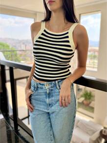 STRIPED SUMMER TANK TOP KNITTED MODAL NEW COLLECTION - trắng - Xem 2