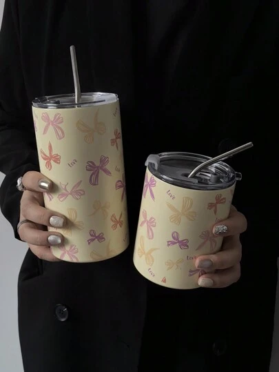 1 pieza Vaso térmico aislado de 360ml/12.17oz u 600ml/20.29oz con lazo de colores, vaso para bebidas frías/calientes con pajilla de acero inoxidable, termo para gimnasio y deportes al aire libre, fondo plano, regalo para fiestas, botella de agua para la escuela