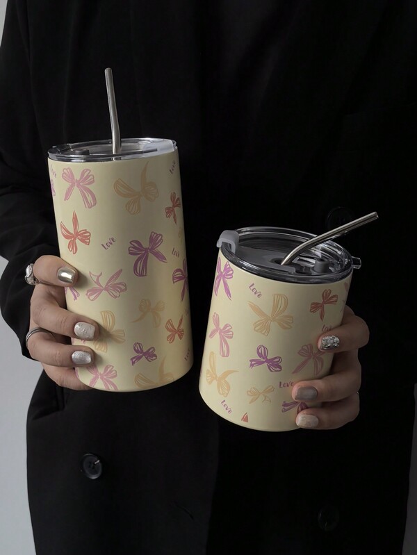 1pc 360ml/12.17oz Or 600ml/20.29oz Colorful Bow Thermal Insulated Cup, Cold/Hot Drink Cup With Stainless Steel Straw, Gym & Outdoor Sports Tumbler, Flat Bottom, Holiday Gift, School Supplies Water Bottle