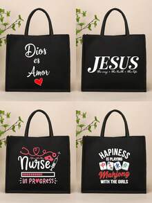 Túi Tote In Họa Tiết Chữ Tối Giản, Quà Tặng Sinh Nhật, Túi Vải Canvas Nhẹ, Túi Du Lịch Biển Di Động, Túi Quà Tặng Cho Bạn Bè Và Đồng Nghiệp - màu đen - Xem 2