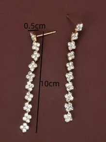 Mujer 2 piezas Pendientes simple con elegante largo cuadrado diamante completo para novia - Plateado - Ver 6