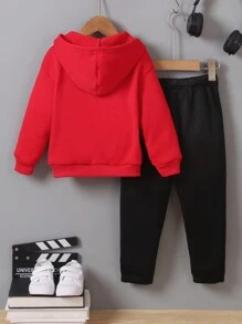 Set de 2 piezas, nueva 2024, chico joven, estilo casual, chaqueta con capucha y pantalones de felpa delgada con estampado de araña en bloques de color