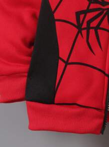 Set de 2 piezas, nueva 2024, chico joven, estilo casual, chaqueta con capucha y pantalones de felpa delgada con estampado de araña en bloques de color