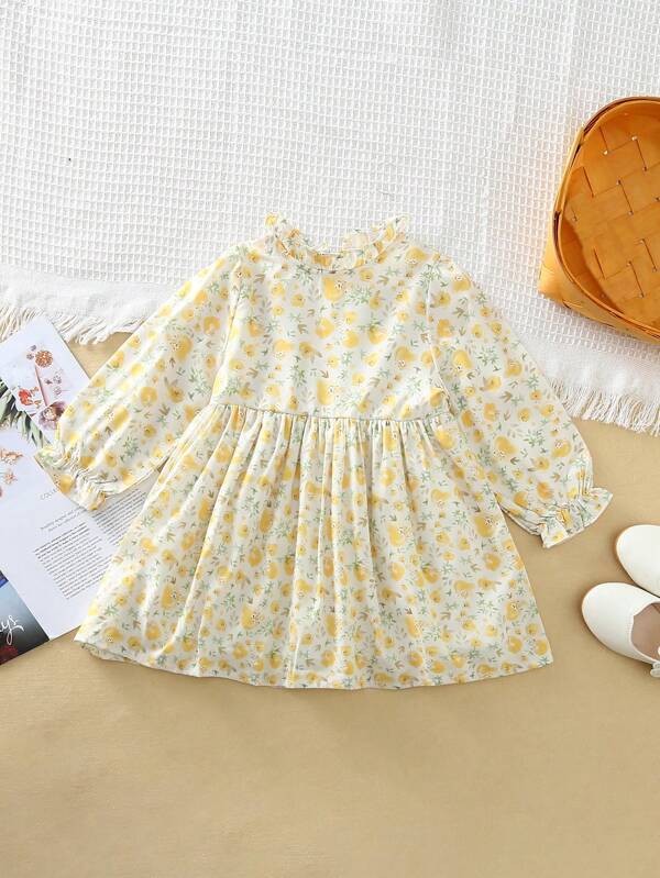 Girls Ditsy Floral Long Sleeve Casual Dress, Suitable For Spring Autumn