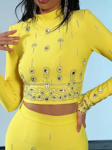 Modphy 2 件套 - 时尚串珠和水钻装饰短款长袖上衣和长裙 - 黃色 - 查看 10