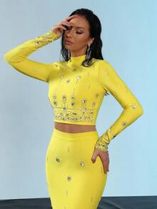 Modphy 2 件套 - 时尚串珠和水钻装饰短款长袖上衣和长裙 - 黃色 - 查看 9