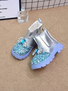 Girls Crystal Studded Thermal Lined Ankle Boots, Princess Style Boots, New For Fall/Winter 2023-2024 - Silver - View 5