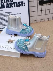 Girls Crystal Studded Thermal Lined Ankle Boots, Princess Style Boots, New For Fall/Winter 2023-2024 - Silver - View 2